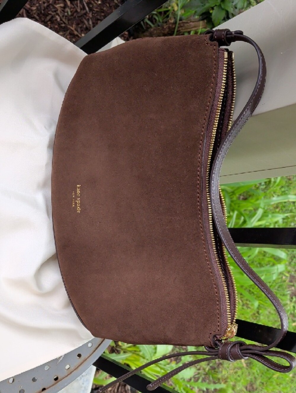 kate spade dark brown suede shoulder bag with gold zipper - Picture 6 of 11